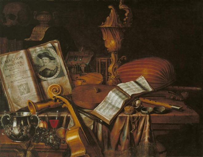 Still Life with a Volume of Wither's 'Emblemes' 1696 by Edward Collier active 1662-1708